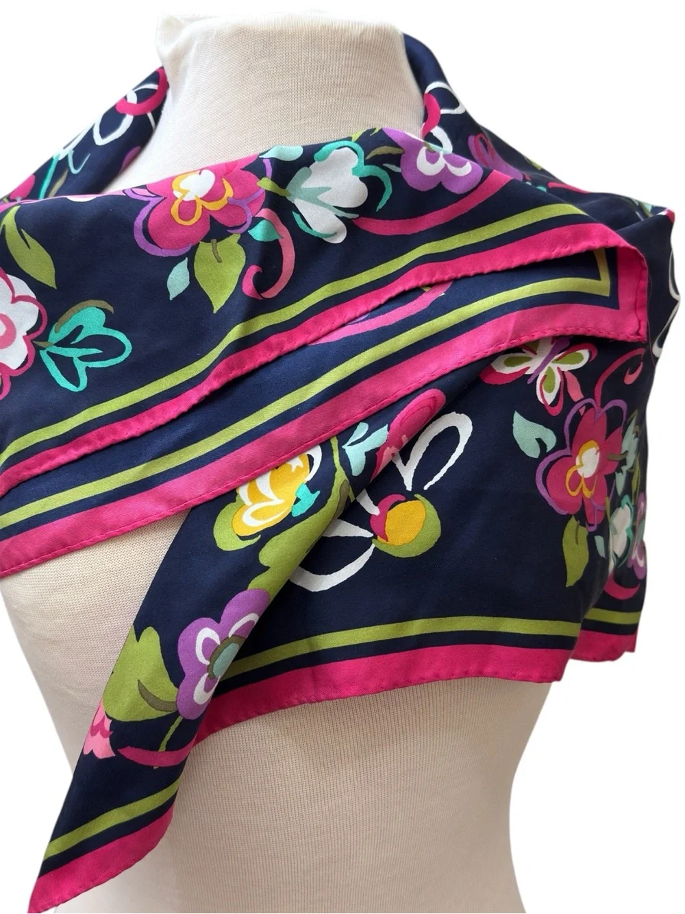 Vera Bradley Large Square Floral Scarf Navy Pink 33” Vivid Print